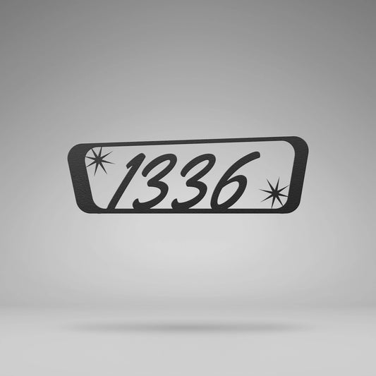 Mid Century Modern Rectangle Home Address Sign with Starburst - Customizable Numbers Displayed on House